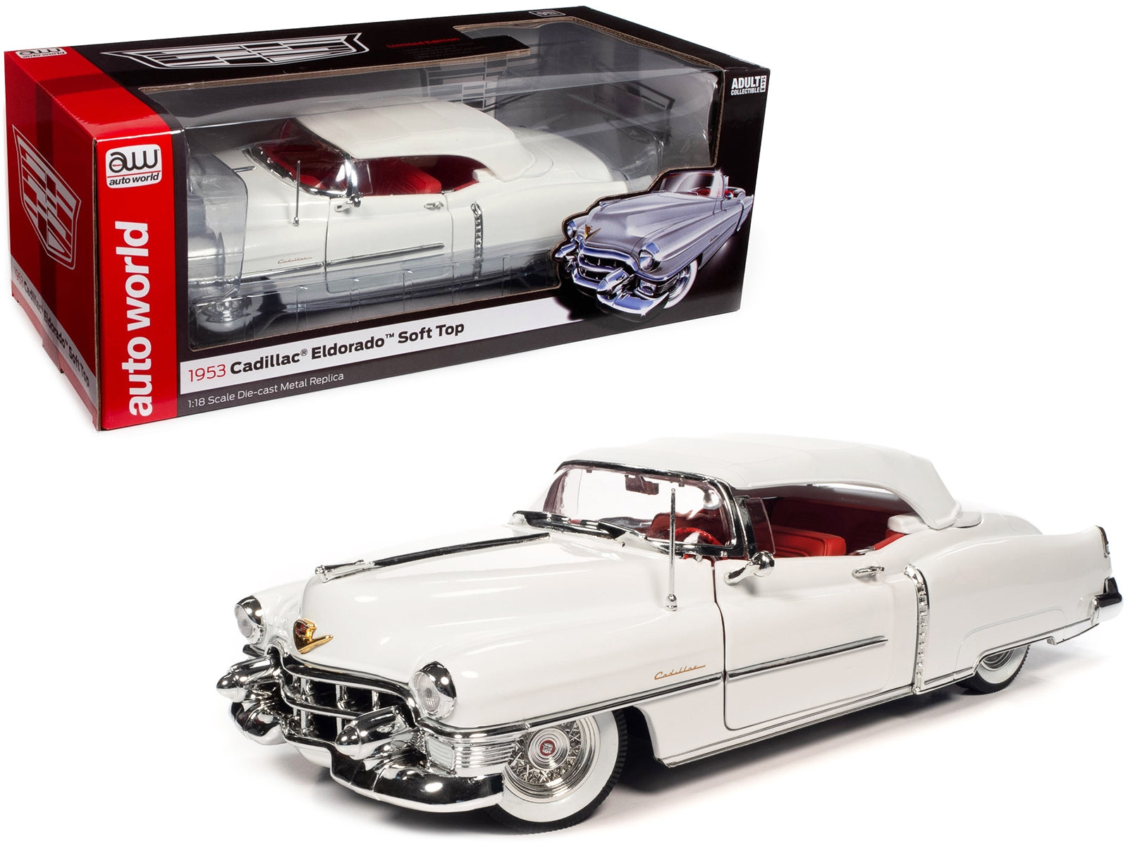 1953 Cadillac Eldorado Soft Top Alpine White with Red Interior 1/18 Diecast Model Car by Auto World - Minihomy