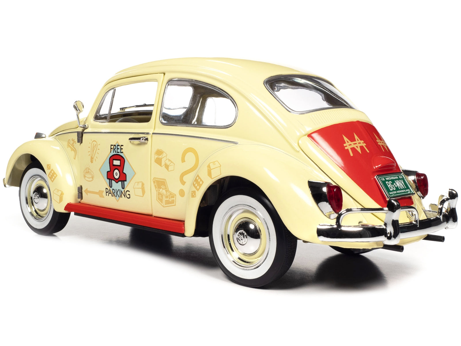 1963 Volkswagen Beetle Yukon Yellow with "Monopoly" Graphics "Free Parking" and Mr. Monopoly Resin Figure 1/18 Diecast Model Car by Auto World - Minihomy