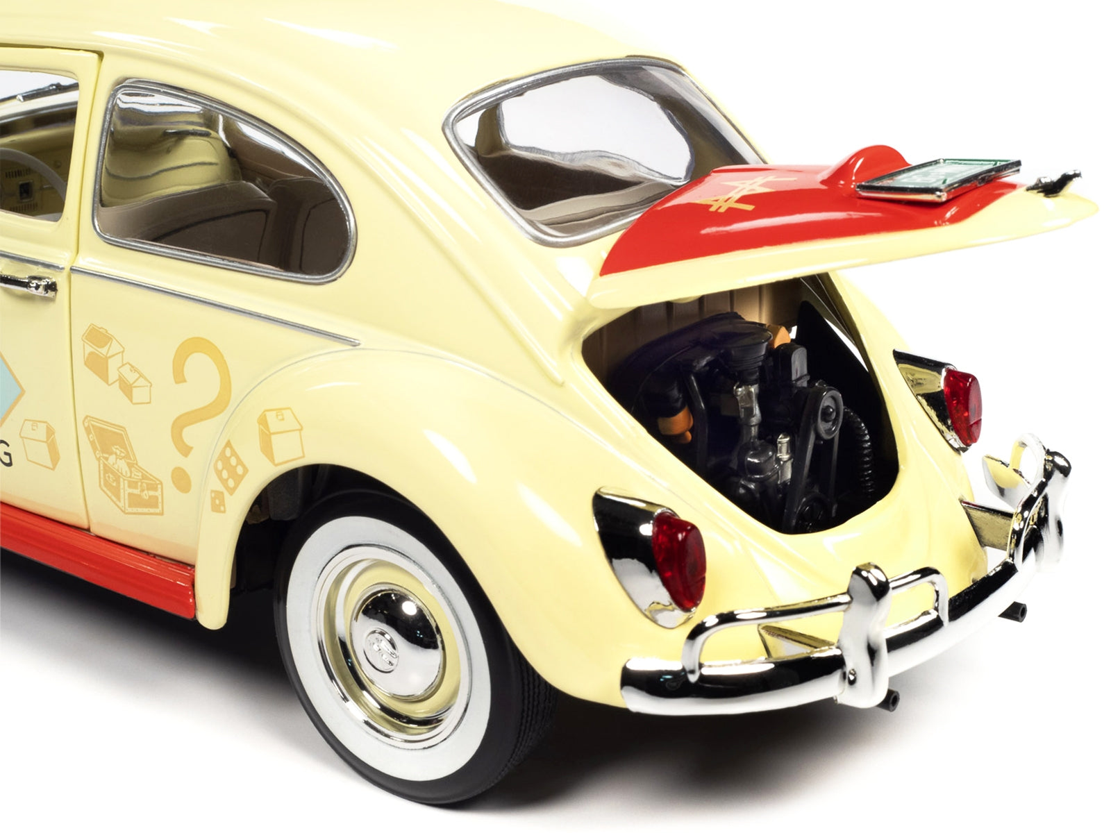 1963 Volkswagen Beetle Yukon Yellow with "Monopoly" Graphics "Free Parking" and Mr. Monopoly Resin Figure 1/18 Diecast Model Car by Auto World - Minihomy