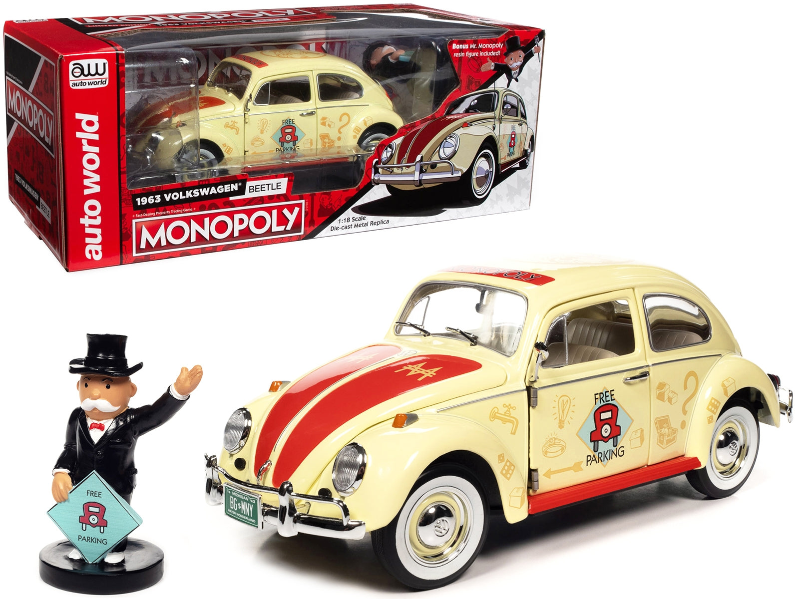 1963 Volkswagen Beetle Yukon Yellow with "Monopoly" Graphics "Free Parking" and Mr. Monopoly Resin Figure 1/18 Diecast Model Car by Auto World - Minihomy