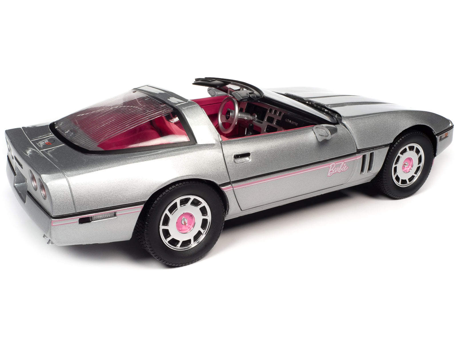 1986 Chevrolet Corvette Convertible Silver Metallic with Pink Interior "Barbie" "Silver Screen Machines" 1/18 Diecast Model Car by Auto World - Minihomy