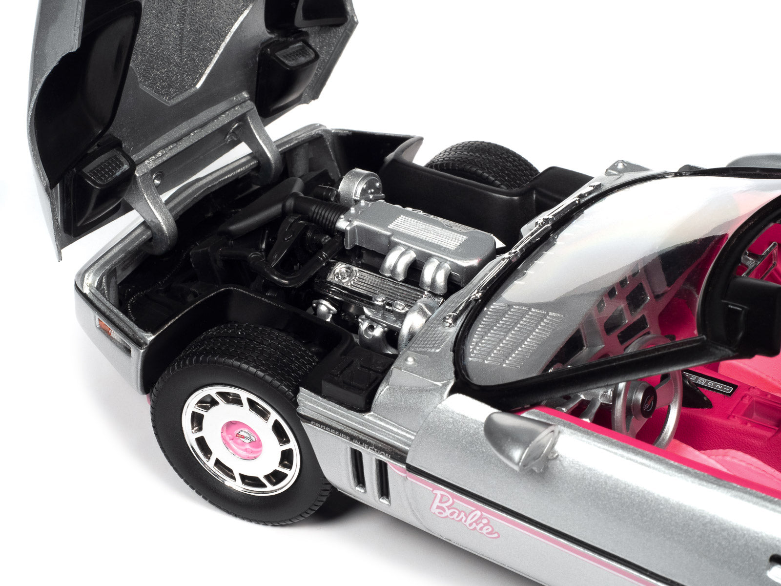 1986 Chevrolet Corvette Convertible Silver Metallic with Pink Interior "Barbie" "Silver Screen Machines" 1/18 Diecast Model Car by Auto World - Minihomy