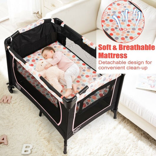 4-in-1 Convertible Portable Baby Playard with Changing Station-Pink - Color: Pink