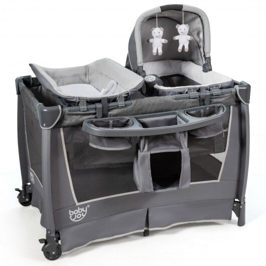 4-in-1 Convertible Portable Baby Play Yard with Toys and Music Player-Gray - Color: Gray