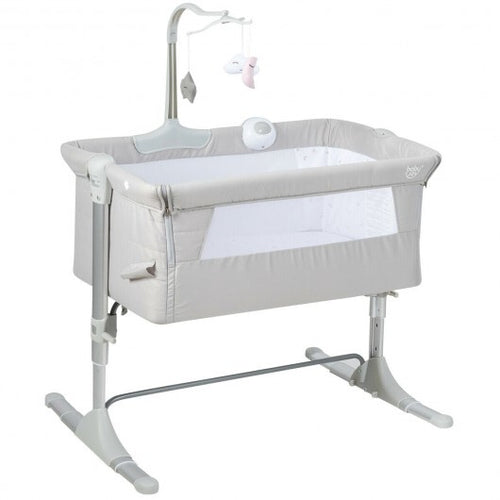 Height Adjustable Baby Side Crib  with Music Box & Toys-Light Gray - Color: Light Gray