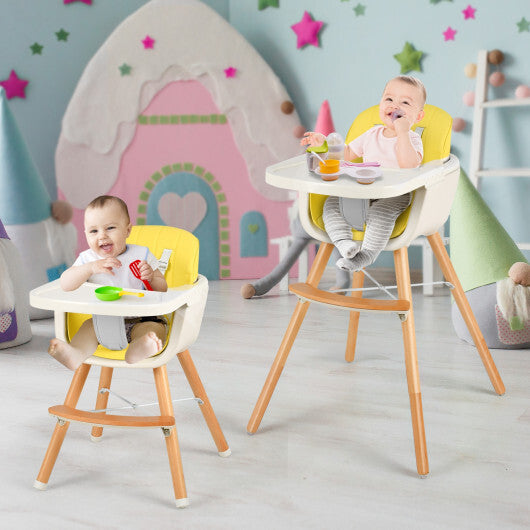 3-in-1 Convertible Wooden High Chair with Cushion-Yellow - Color: Yellow - Minihomy