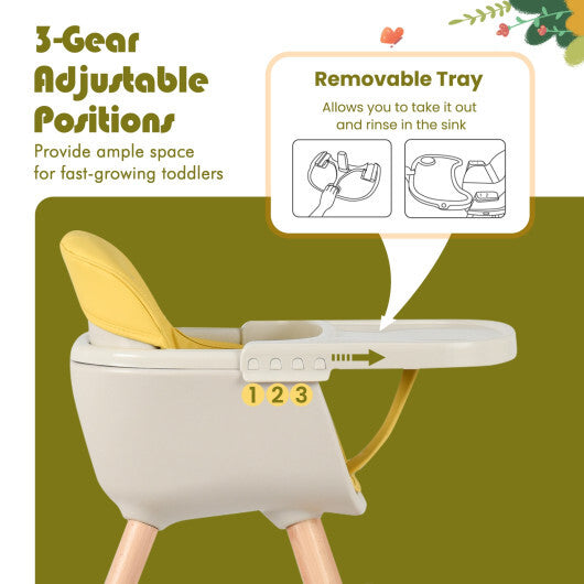 3-in-1 Convertible Wooden High Chair with Cushion-Yellow - Color: Yellow - Minihomy