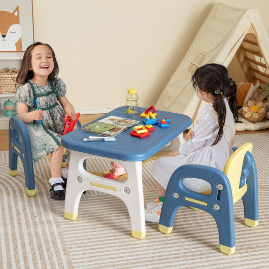 Kids Table and 2 Chairs Set with Storage Shelf and Building Blocks-Blue