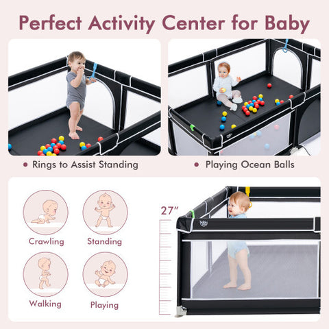 Portable Extra-Large Safety Baby Fence with Ocean Balls and Rings-Black - Color: Black