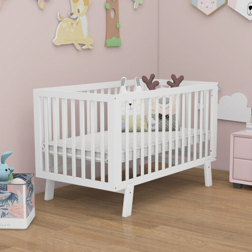 Rubber Wood Baby Crib with Adjustable Mattress Heights and Guardrails-White - Color: White