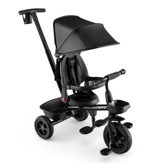 4-in-1 Reversible Toddler Tricycle with Height Adjustable Push Handle-Black - Color: Black
