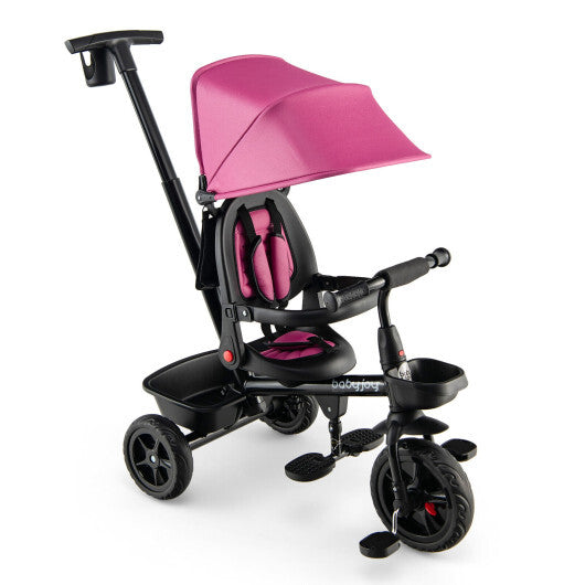 4-in-1 Reversible Toddler Tricycle with Height Adjustable Push Handle-Pink - Color: Pink