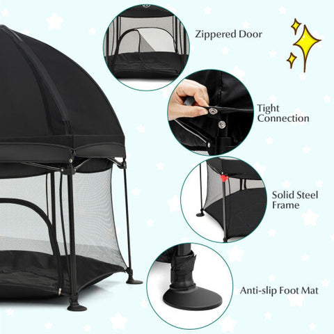 53 Inch Outdoor Baby Playpen with Canopy and Carrying Bag Portable Play Yard Toddlers-Black - Color: Black