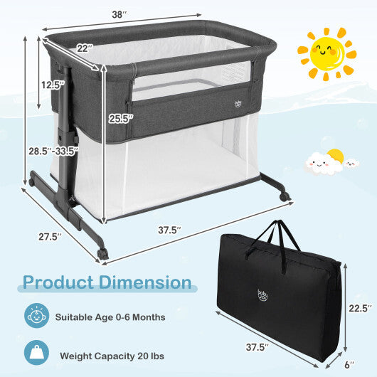 3-in-1 Foldable Baby Bedside Sleeper  with Mattress and 5 Adjustable Heights-Dark Gray - Minihomy