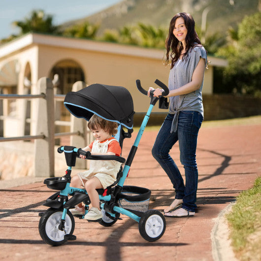 6-in-1 Detachable Kids Baby Stroller Tricycle with Canopy and Safety Harness-Blue - Color: Blue