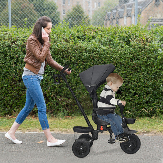 6-in-1 Detachable Kids Baby Stroller Tricycle with Canopy and Safety Harness-Black - Color: Black