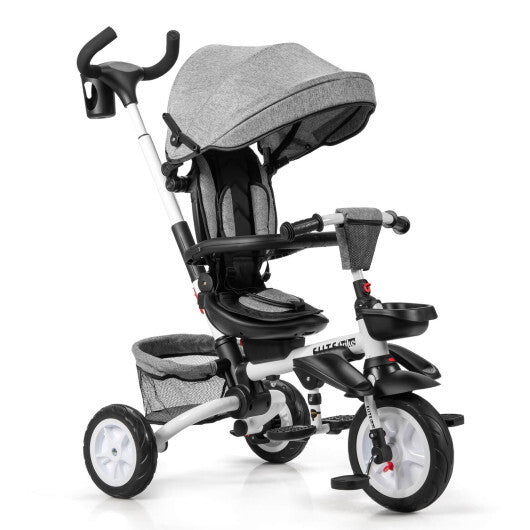 6-in-1 Detachable Kids Baby Stroller Tricycle with Canopy and Safety Harness-Gray - Color: Gray