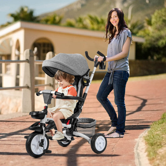 6-in-1 Detachable Kids Baby Stroller Tricycle with Canopy and Safety Harness-Gray - Color: Gray