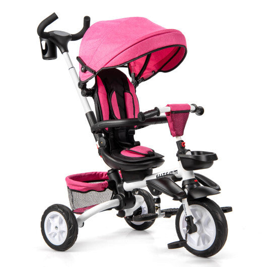 6-in-1 Detachable Kids Baby Stroller Tricycle with Canopy and Safety Harness-Pink - Color: Pink