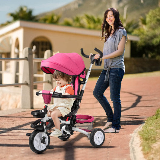6-in-1 Detachable Kids Baby Stroller Tricycle with Canopy and Safety Harness-Pink - Color: Pink