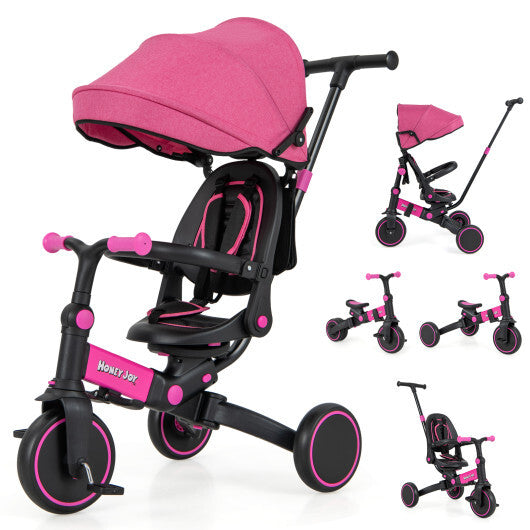 Kids Tricycle with Adjustable Push Handle Canopy and 3-Point Safety Belt-Pink - Color: Pink