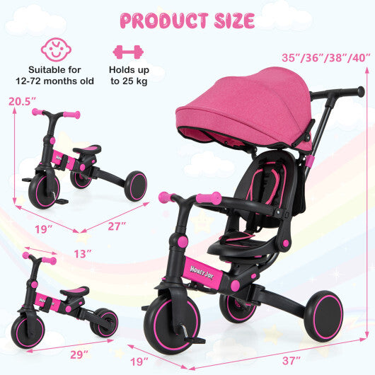 Kids Tricycle with Adjustable Push Handle Canopy and 3-Point Safety Belt-Pink - Color: Pink - Minihomy