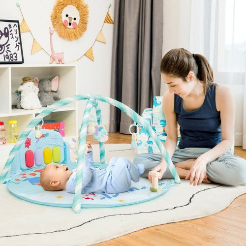 Baby Activity Play Piano Gym Mat with 5 Hanging Sensory Toys-Blue - Color: Blue