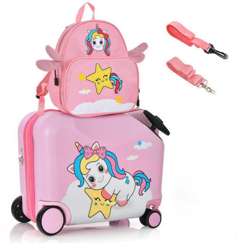 2 Pieces 18 Inch Ride-on Kids Luggage Set with Spinner Wheels-Pink - Color: Pink
