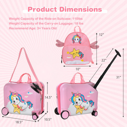 2 Pieces 18 Inch Ride-on Kids Luggage Set with Spinner Wheels-Pink - Color: Pink - Minihomy