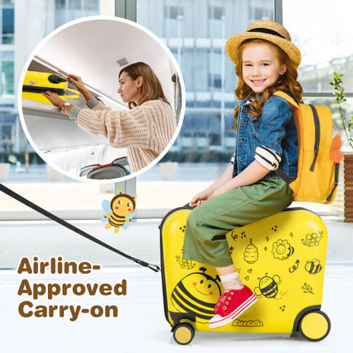 2 Pieces 18 Inch Ride-on Kids Luggage Set with Spinner Wheels and Bee Pattern-Yellow - Color: Yellow