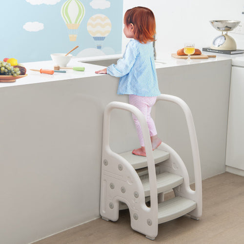 3-Step Stool with Safety Handles and Non-slip Pedals for Toddlers-Gray