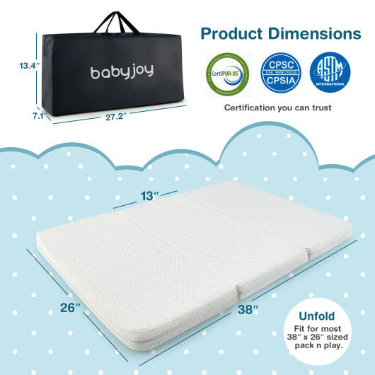 38 x 26 Inch Tri-fold Pack and Play Mattress Topper Mattress Pad with Carrying Bag-White - Minihomy