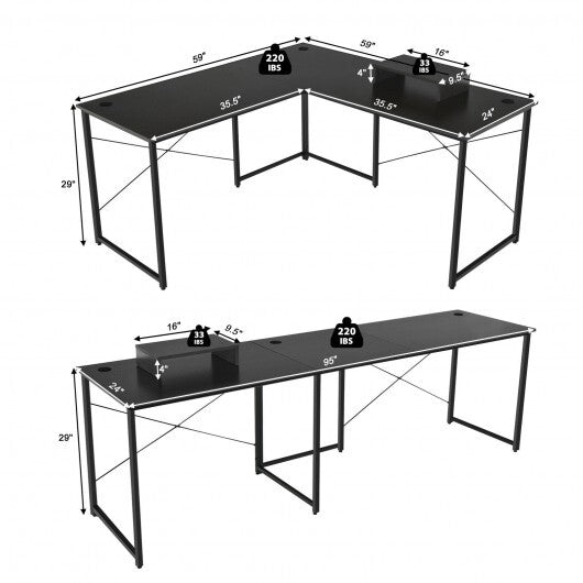 95 Inch 2-Person L-Shaped Long Reversible Computer Desk with Monitor Stand-Black - Color: Black - Minihomy