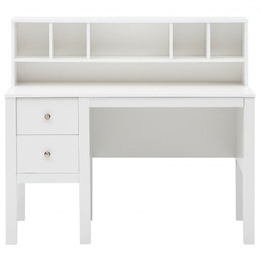 48 Inch Computer Desk with Drawers Power Outlets and 5-Cubby Hutch - Color: White - Minihomy