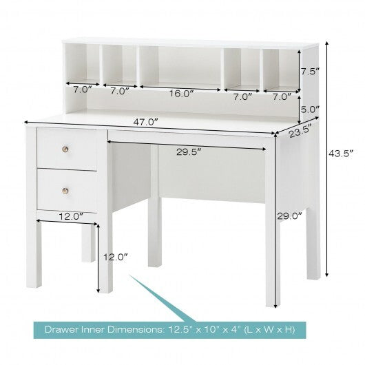 48 Inch Computer Desk with Drawers Power Outlets and 5-Cubby Hutch - Color: White - Minihomy