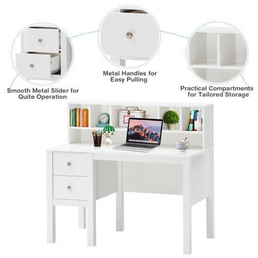 48 Inch Computer Desk with Drawers Power Outlets and 5-Cubby Hutch - Color: White - Minihomy