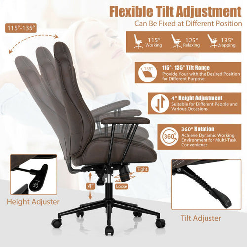 High Adjustable Back Executive Office Chair with Armrest-Brown - Color: Brown