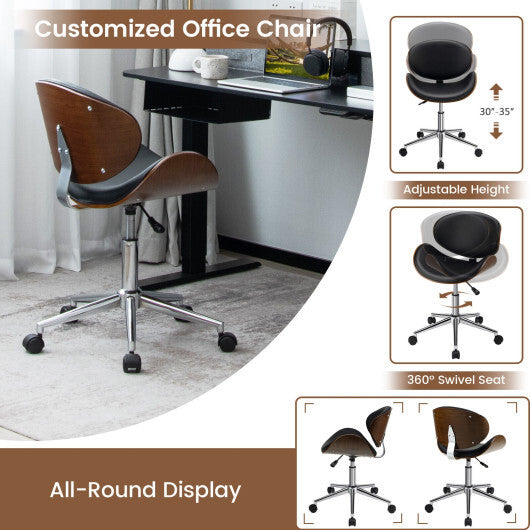 Adjustable Leather Office Chair Swivel Bentwood Desk Chair with Curved Seat-Black - Color: Black - Minihomy