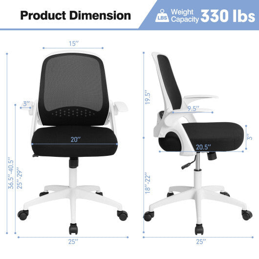 Adjustable Mesh Office Chair Rolling Computer Desk Chair with Flip-up Armrest-White - Color: White - Minihomy