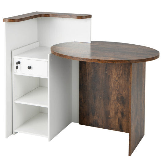 Front Reception Office Desk with Open Shelf and Lockable Drawer-Brown & White - Color: Brown & White - Minihomy