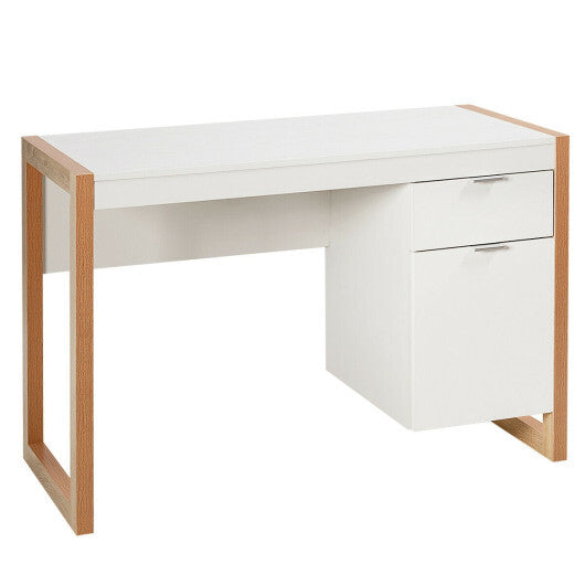 Modern Computer Desk Study Table Writing Workstation with Cabinet and Drawer-White - Color: White - Minihomy