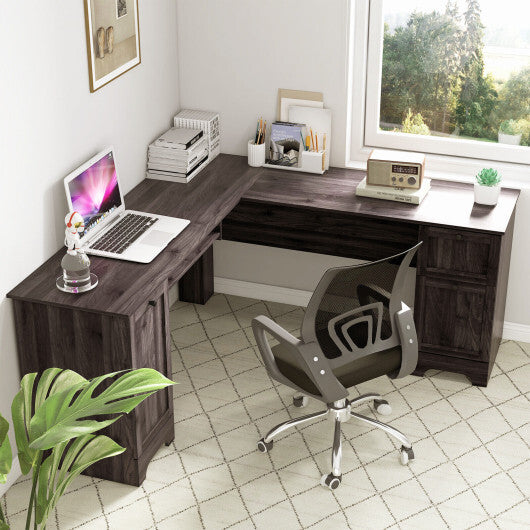 L-Shaped Office Desk with Storage Drawers and Keyboard Tray-Dark Brown - Color: Dark Brown - Minihomy