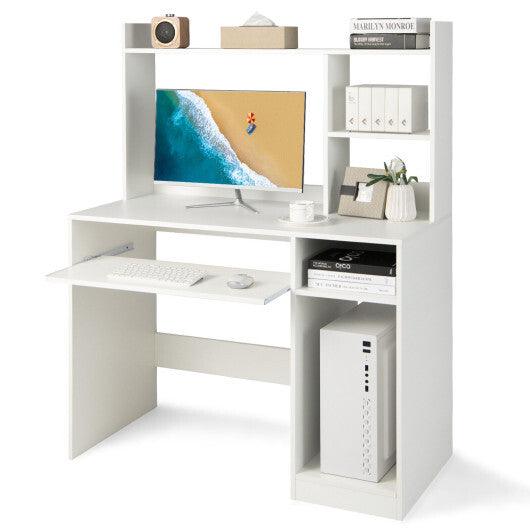 Home Office Computer Desk with Bookcase, Keyboard Tray, and CPU Stand - White