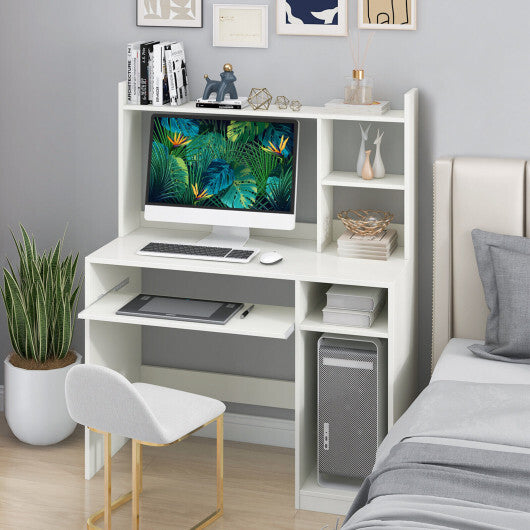 Home Office Computer Desk with Bookcase, Keyboard Tray, and CPU Stand - White
