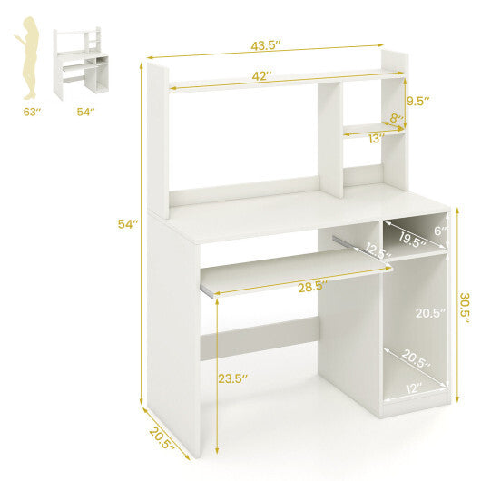 Home Office Computer Desk with Bookcase, Keyboard Tray, and CPU Stand - White - Minihomy