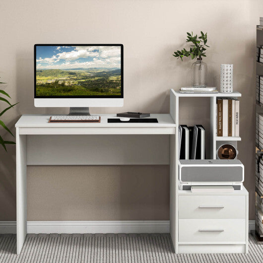 Computer Desk Home Office with Bookshelf and Drawers-White - Color: White