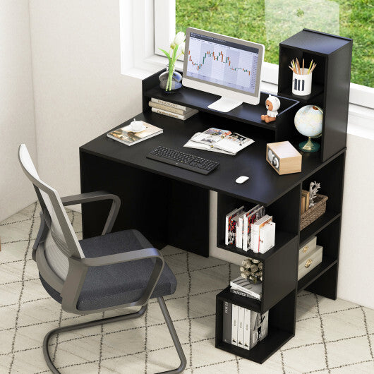 Modern Computer Desk with Storage Bookshelf and Hutch for Home Office-Black - Color: Black