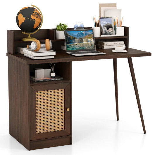 48 Inch Computer Desk with Hutch and PE Rattan Cabinet Shelves-Walnut - Color: Walnut - Minihomy