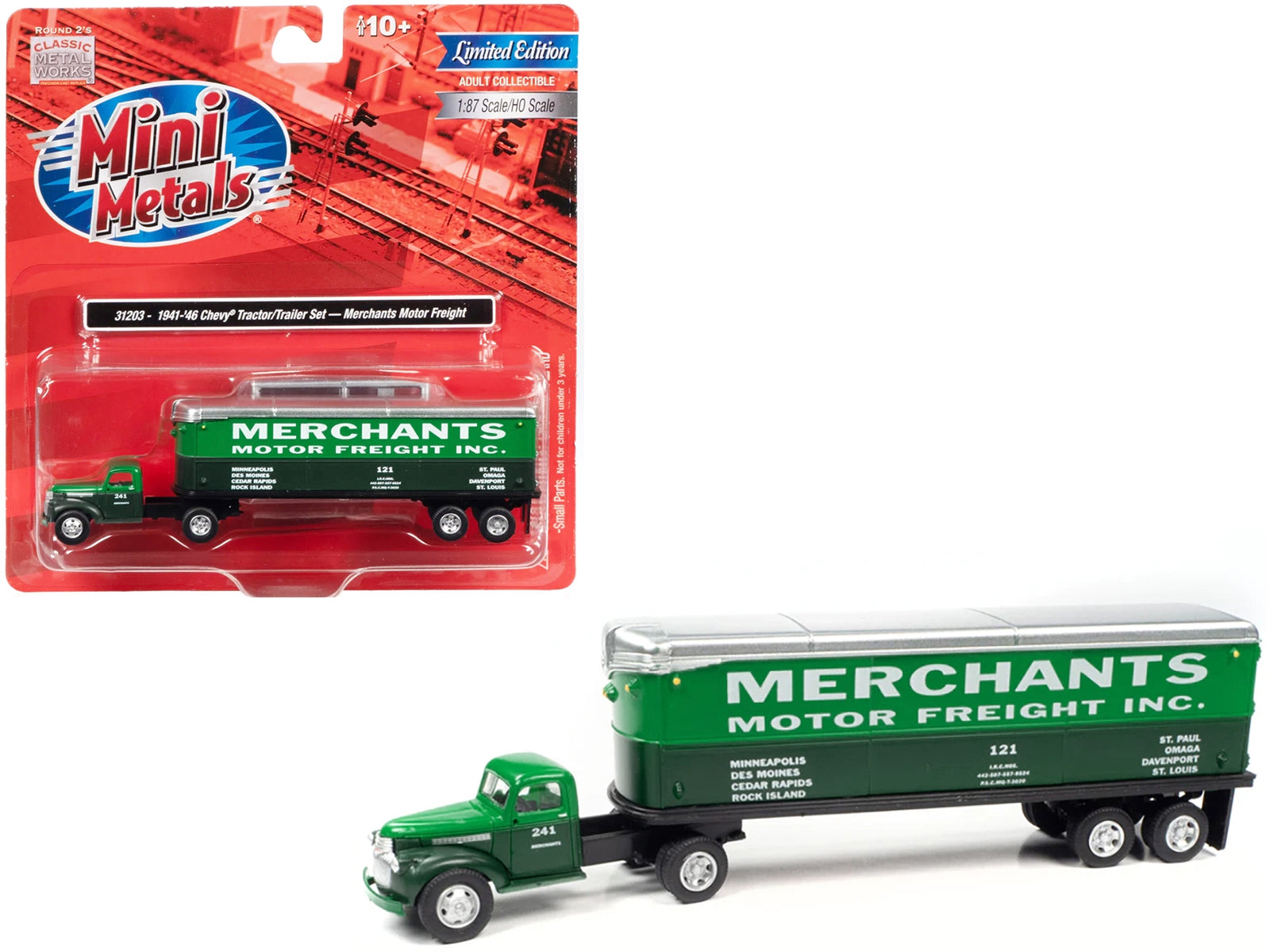 1941-1946 Chevrolet Truck and Trailer Set "Merchants Motor Freight Inc." Green and Dark Green 1/87 (HO) Scale Model by Classic Metal Works - Minihomy