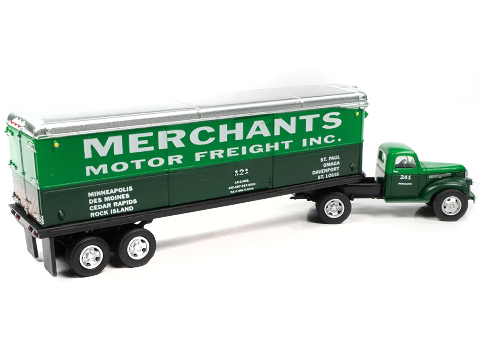 1941-1946 Chevrolet Truck and Trailer Set "Merchants Motor Freight Inc." Green and Dark Green 1/87 (HO) Scale Model by Classic Metal Works - Minihomy